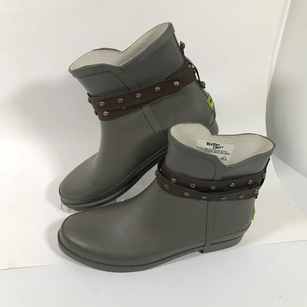 Western Chief Lodge Grey Rubber Rain Boots Womens US 9 Ankle Waterproof Booties‎